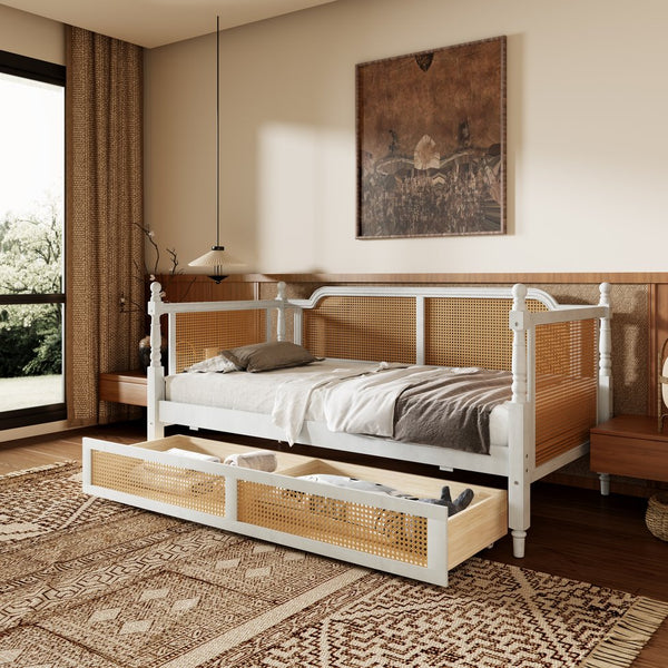 English Elm Traditional Rattan Headboard Twin Daybed Pine Frame with Under Bed Storage Drawers BS701P193261K