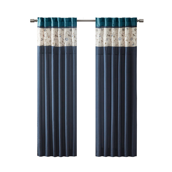 JLA Home Madison Park - Embroidered Curtain Panel with Timeless Floral Stitching, Lined Light-Filtering Drapery for Elegance Navy MP40-4209