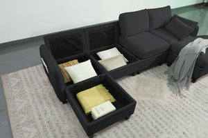 English Elm 102 Inch Linen Modular Sectional Sofa with Hidden Storage and Cloud Cushion Comfort Black W1099S00214