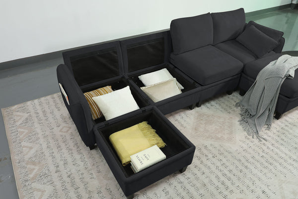 English Elm 102 Inch Linen Modular Sectional Sofa with Hidden Storage and Cloud Cushion Comfort Black W1099S00214