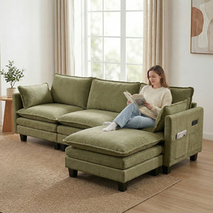 English Elm Modern Chenille Three Seat Sofa with Ottoman Usb Charging Ports and Storage Pockets Green W2519S00005