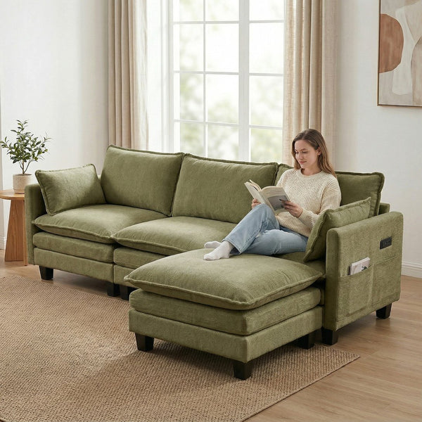 English Elm Modern Chenille Three Seat Sofa with Ottoman Usb Charging Ports and Storage Pockets Green W2519S00005