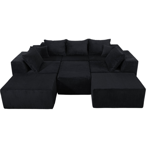 English Elm 8-Piece Modular U-Shaped Sectional Sofa with Oversized Chaise and Bed, Corduroy Luxury, No Assembly Needed Black W3163S00042