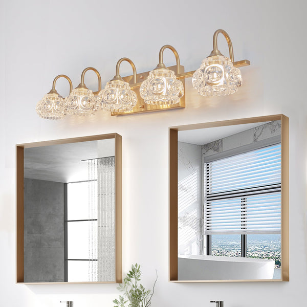 English Elm 29" Modern Crystal Bathroom Vanity Light 5-Light Elegant Wall Sconce with Clear Glass Shades for Vanity Gold W2312P374825