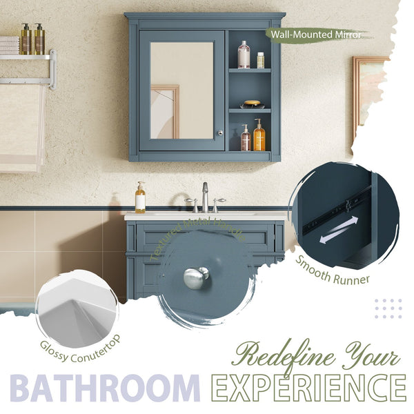 English Elm 30'' Freestanding Bathroom Vanity Set with Mirror Cabinet Ceramic Sink Soft Close SW000126AAM-1