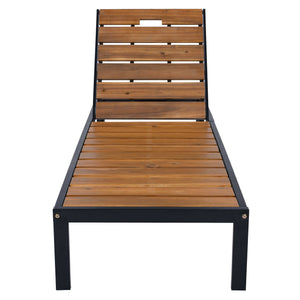 English Elm Outdoor Acacia Wood Slat Chaise Lounge with Powder Coated Frame for Patio Resort Black+Natural N719P383161B
