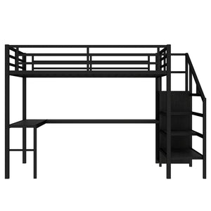 English Elm Queen Size Loft Bed With Integrated L-Shaped Desk, Usb Ports, Wardrobe, Led Lighting, Black Finish W1580S00106-GIGA