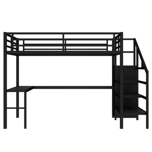 English Elm Twin Xl Metal Loft Bed with Stair Storage Shelves Sturdy Steel Frame for Dorms W1580S00545