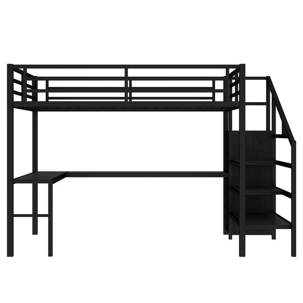 English Elm Twin Xl Metal Loft Bed with Stair Storage Shelves Sturdy Steel Frame for Dorms W1580S00545