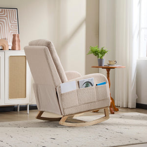 English Elm Modern Upholstered Glider Rocker with Teddy Fabric High Back and Rubberwood Base Beige W3723P409075