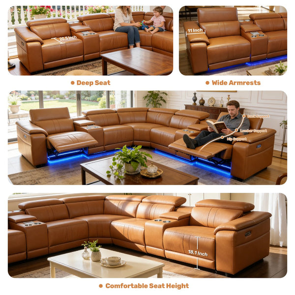 English Elm Power Reclining Sectional with Bluetooth Audio Led Lighting and Wireless Charging Tech Leather Brown W3795S00019