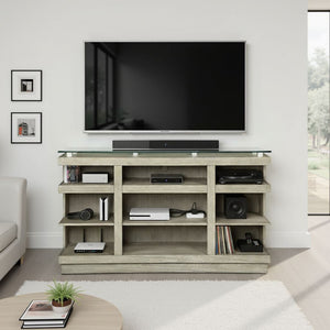 English Elm Celino 65 Inch Media Console with Tempered Glass Top and Open Shelving in Sandstone B108P468534