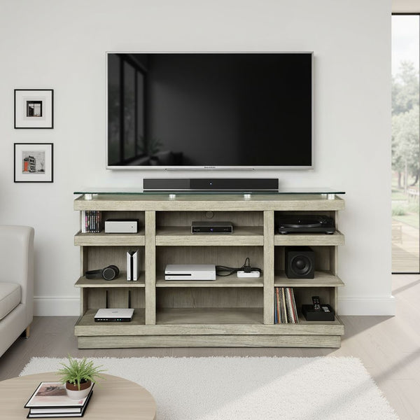 English Elm Celino 65 Inch Media Console with Tempered Glass Top and Open Shelving in Sandstone B108P468534