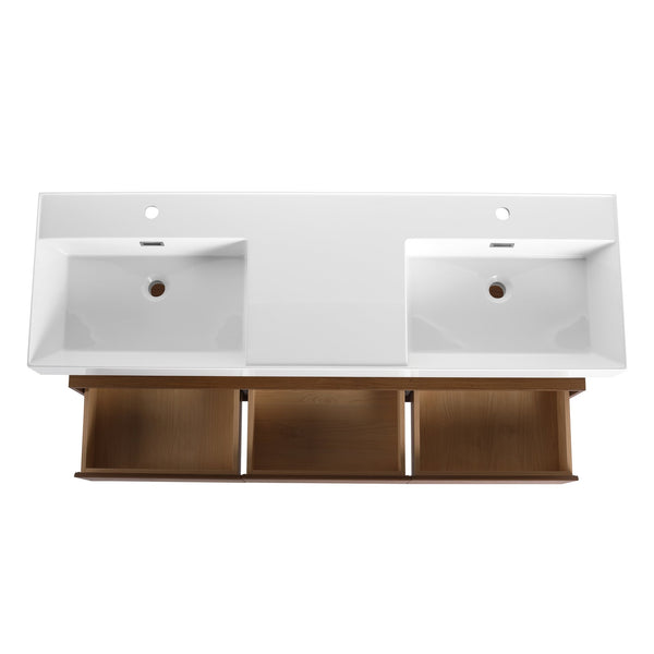 English Elm 60 Inch Wall-Mounted Bathroom Vanity With Dual Resin Sinks, Soft-Close Drawers & Modern Elegance W999S00259