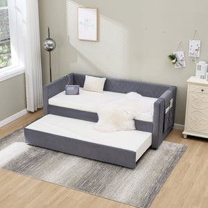 English Elm Grey velvet daybed with diamond-grid pull-out trundle, modern velvet finish, sturdy wooden frame for guest-ready style W1361S00032