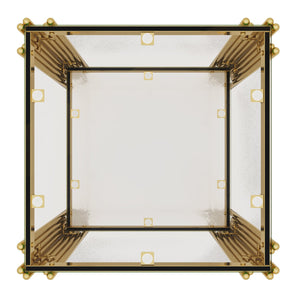 English Elm Modern Glam Rectangular Coffee Table with Mirrored Top Gold Sculptural Frame Open Shelf Transparent N735P380101K