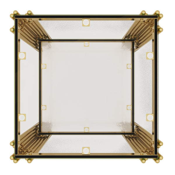 English Elm Modern Glam Rectangular Coffee Table with Mirrored Top Gold Sculptural Frame Open Shelf Transparent N735P380101K