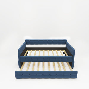 English Elm BLUE Velvet Upholstered Twin Daybed with Removable Trundle, Rubberwood Slats, Wheels, No Box Spring Required, Compact Chic Design W1867S00005