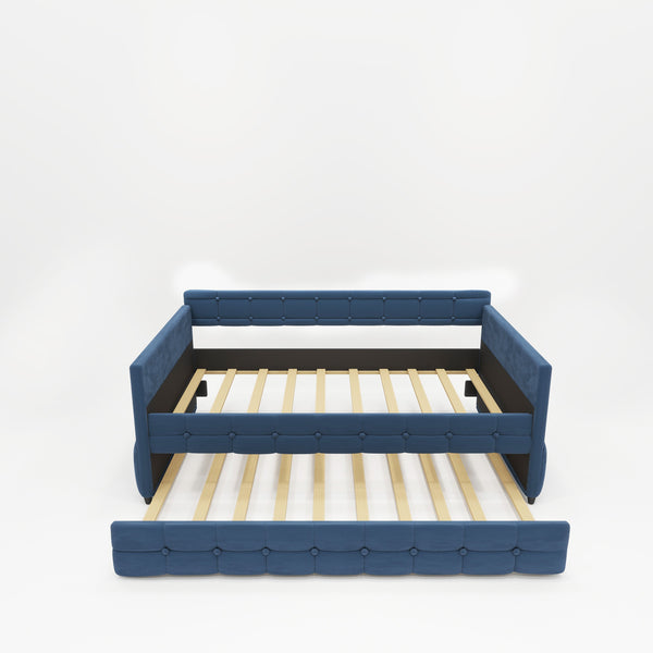 English Elm BLUE Velvet Upholstered Twin Daybed with Removable Trundle, Rubberwood Slats, Wheels, No Box Spring Required, Compact Chic Design W1867S00005