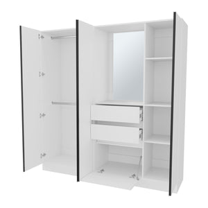 English Elm Canyon Modern Wardrobe Organizer with Mirror, Double Hanging Rods, Drawers & Open Shelves White B128S00180
