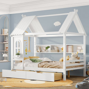 English Elm Full House Solid Wood Platform Bed with Window Roof, Under-Bed Drawers & Shelves for Kids' Rooms Light White W1580S00267