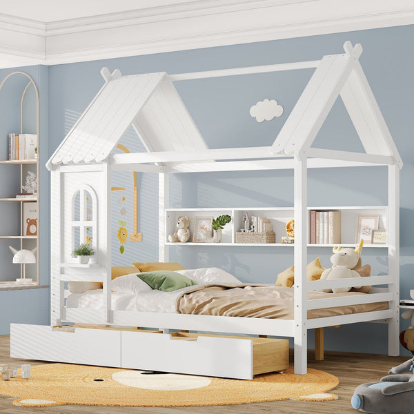 English Elm Full House Solid Wood Platform Bed with Window Roof, Under-Bed Drawers & Shelves for Kids' Rooms Light White W1580S00267