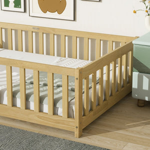 English Elm Twin Size Floor Bed With Safety Guardrails, Eco-Friendly Rubberwood Design For Toddler Independence W504P286397-GIGA
