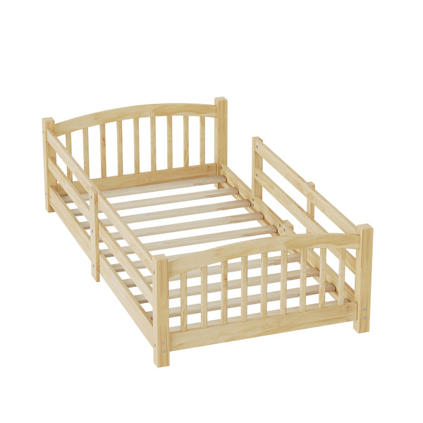 English Elm Twin Montessori Floor Bed Solid Pine Frame with Safety Guardrails for Kids Bedroom Natural N733P400298N