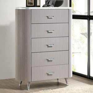 English Elm Unique Contemporary Chest with Cultured Stone Top, Reeded Panels, Silver Accents, Dovetail Drawers and Chrome Legs Light Gray 41 L x 21 W x 52 H B2741P370870