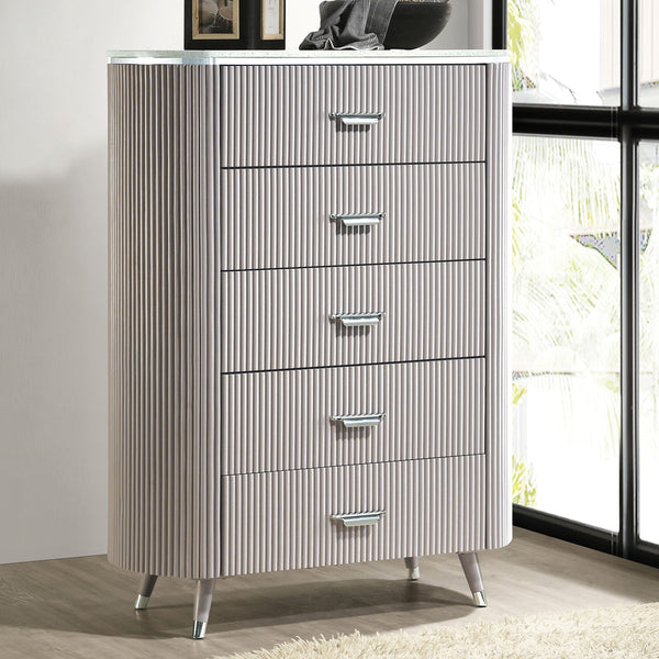 English Elm Unique Contemporary Chest with Cultured Stone Top, Reeded Panels, Silver Accents, Dovetail Drawers and Chrome Legs Light Gray 41 L x 21 W x 52 H B2741P370870