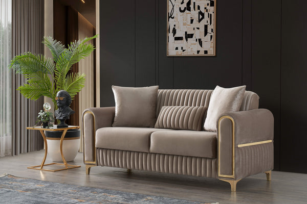 English Elm Melody Velvet Upholstered Sleeper Loveseat with Gold Accents, Vertical Tufting & Convertible Comfort taupe B009S01833