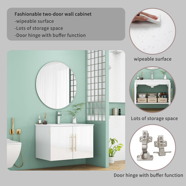 English Elm 30-Inch Sleek White Gloss Wall-Mounted Bathroom Vanity With Gold Handles & Soft-Close Doors, Easy Install W3151S00052