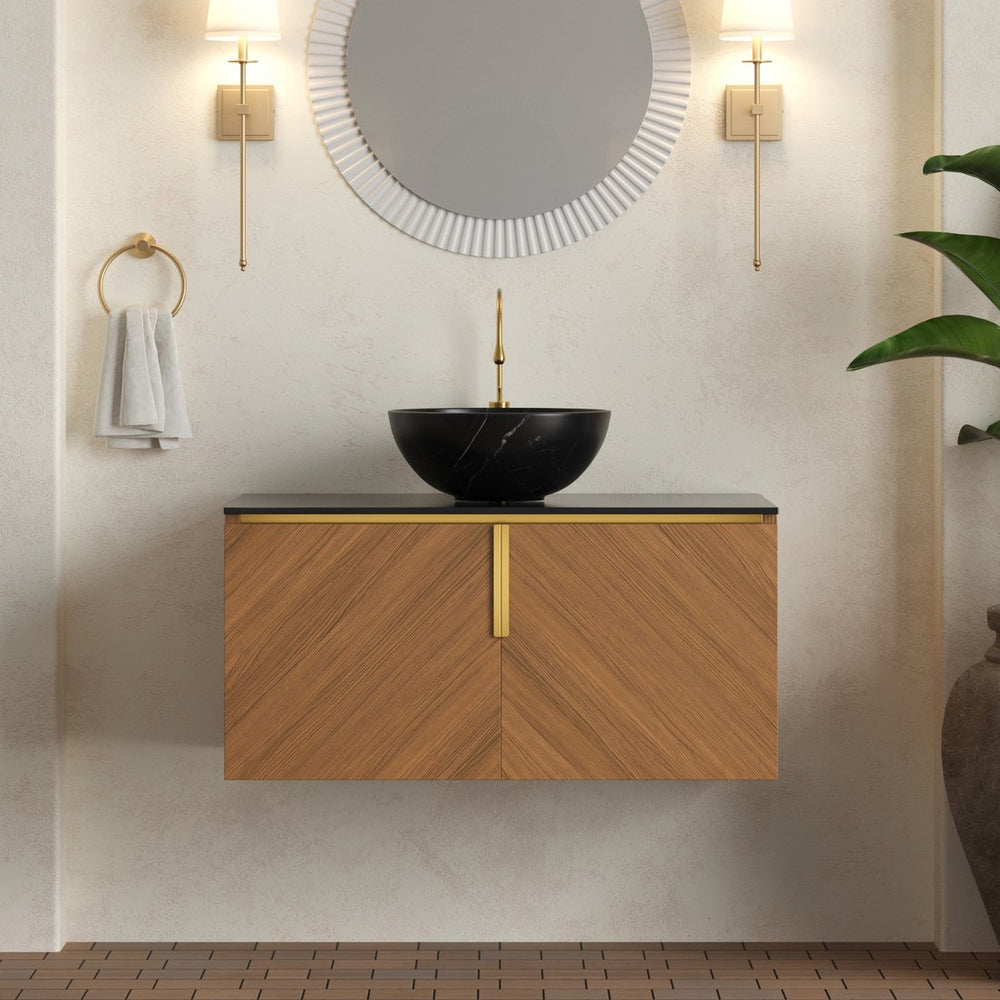 English Elm Arai 36" Floating Bathroom Vanity & Sink - Stylish Black Stone Countertop, Soft-Close Doors, Oak Finish W2615S00355