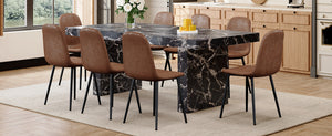 English Elm Table and Chair Set Seats Eight with Marble Pattern Mdf Top Brown Fabric Dining W1151S04098