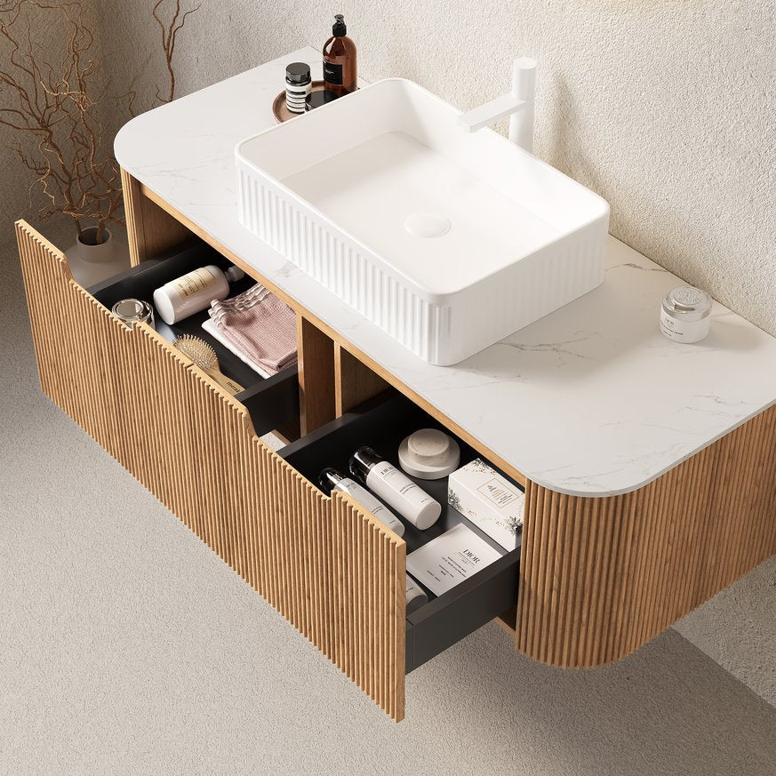 English Elm Dina Floating Bathroom Vanity with Crystal Glass Basin and Sintered Stone Top Carrara White,Natural Wood,White W2615S00162