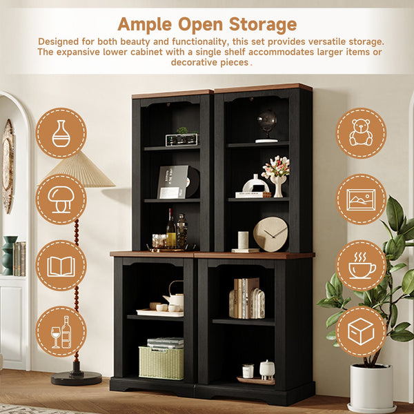 English Elm On-trend Two Piece Walnut Veneer Freestanding Bookcase Set with Curved Sculptural Black N721P394507B