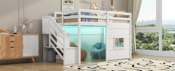 English Elm Twin Loft Bed Pinewood Frame with Storage Staircase Led Lighting and Window Cutout White GX000436AAK