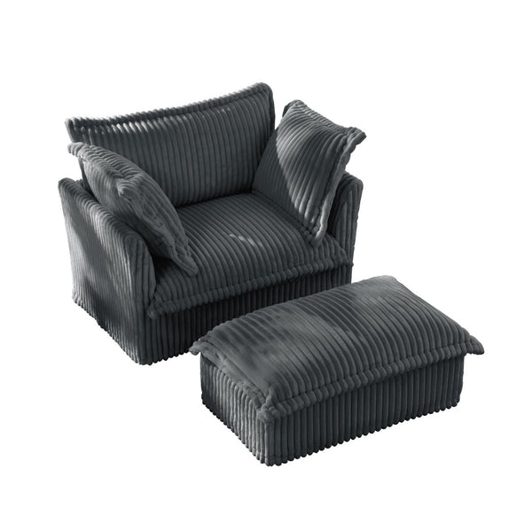 English Elm Upholstered Slipcovered Armchair Set With Wide Ottoman – Cozy Gray Corduroy For Living Room Comfort W3041S00213-GIGA