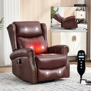 English Elm Heat Massage Rocker Swivel Recliner Genuine Leather Chair with Lumbar Vibration Nodes W3224S00014