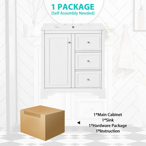 English Elm 30-Inch elegant bathroom vanity with ceramic basin, soft-close drawers, adjustable shelves, durable finish White N729P176237K