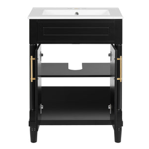 English Elm 24" Bathroom Vanity with Integrated Ceramic Sink and Adjustable Shelf, Vintage Hardware, Space-Saving Design Black N710P277711B