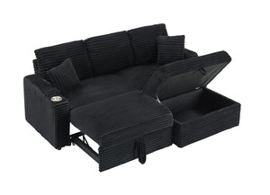 English Elm 80" Corduroy Multi-Function Sofa with Hidden Recliner, Space-Saving Design, Armrests, Cup Holders, Removable Footstool Black W3356S00017