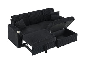 English Elm 80-inch Corduroy Convertible Sofa with Pull-out Chaise Cup Holder and Plush Pillow W3356P314464