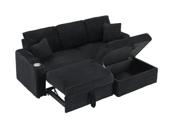 English Elm 80" Corduroy Three-seat Sofa with Pull-out Chaise Footstool and Built-in Cup Holders W3356P324056