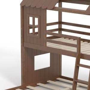 English Elm Twin Over Full Playhouse Bunk Bed with Slide Ladder Storage Shelves and Wardrobe Antique Natural W5305S00041
