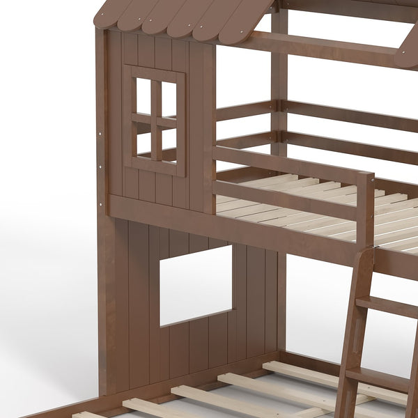 English Elm Twin Over Full Playhouse Bunk Bed with Slide Ladder Storage Shelves and Wardrobe Antique Natural W5305S00041