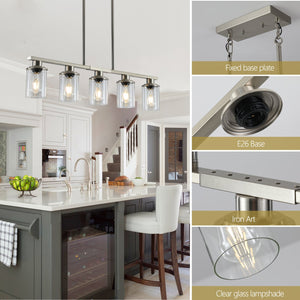 English Elm 37" Five-light Iron Chandelier Brushed Nickel Finish Clear Glass Linear Kitchen Pendant W1340P206715