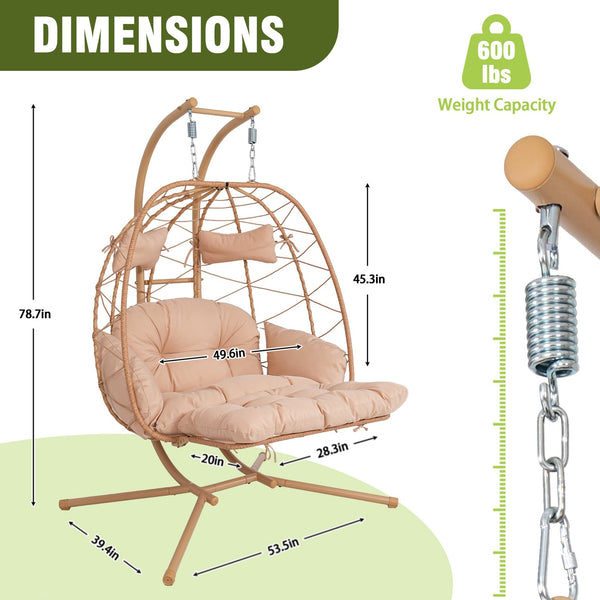 English Elm 2 Person Wicker Hanging Egg Chair with Stand Padded Swing for Patio Garden T5880P500215