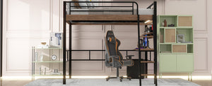 English Elm Metal Full Size Loft Bed with LED Light, Built-In Full-Length Desk, Storage Shelf & Ladder — Space-Saving Industrial Black, Sturdy Metal Frame for Study & Sleep GX001120AAB