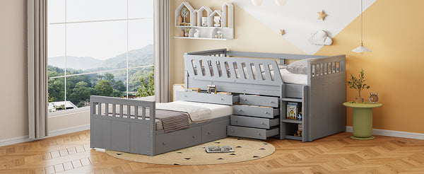 English Elm L-shaped Twin Loft Platform Bed with 7 Drawers Full Guardrails Kids White Pine LT000853AAE